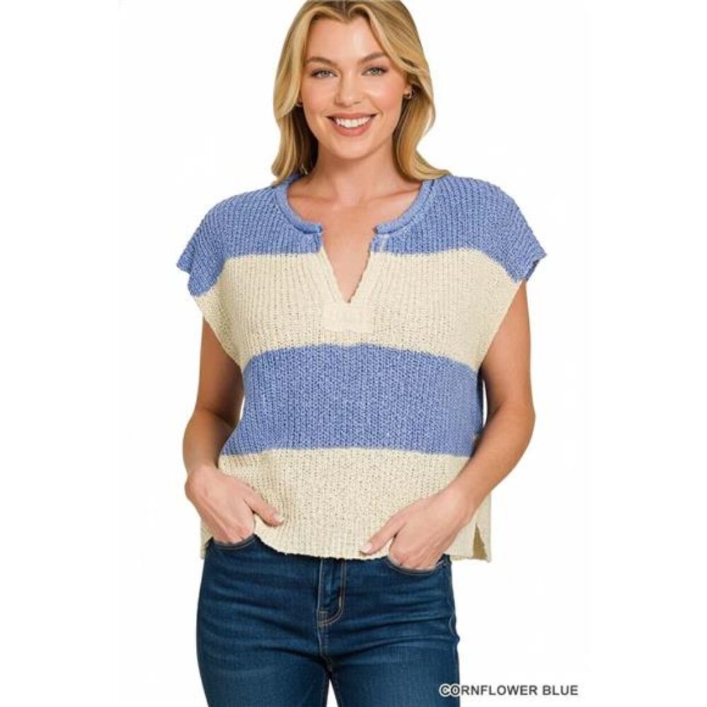 Zenana Split Neck Sleeveless Stripe Sweater